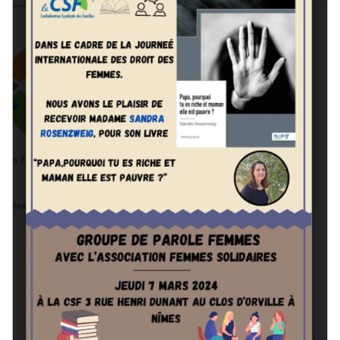 Intervention dans le cadre de la Journée des droits de la femme aux côtés de l’association CSF Nîmes le 07/03/2024 de 14H30 à 16H30