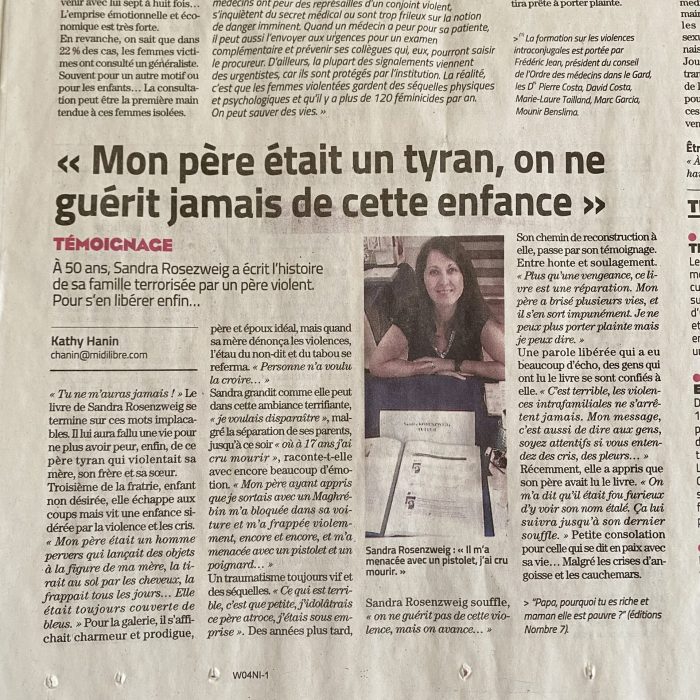 Midi libre du 23/11/2023 : Article sur mon autobiographie à l’occasion de la Journée internationale sur les violences faites aux femmes.